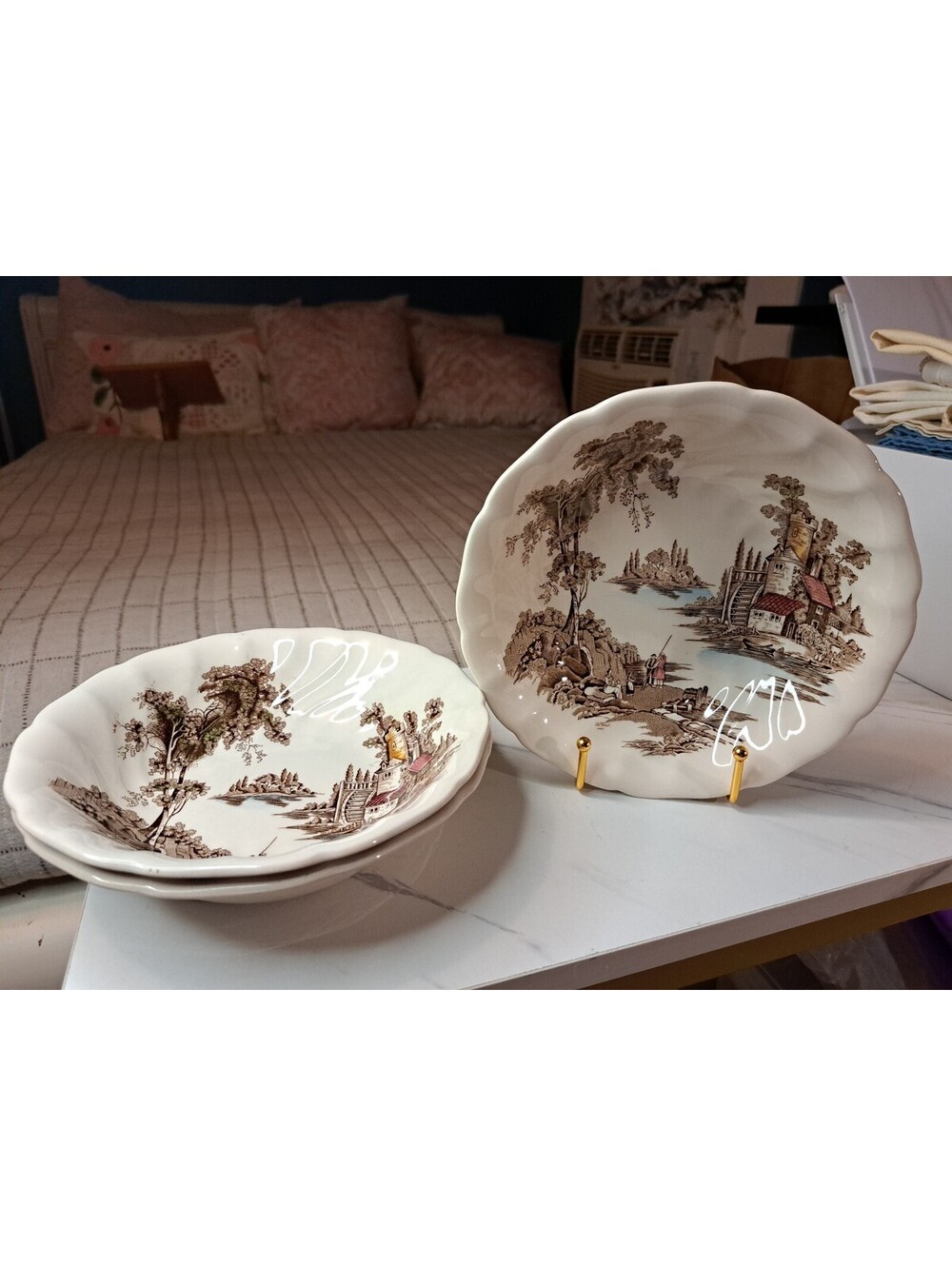 Vintage Set-3 Johnson Bros "The Old Mill" Made in England Ironstone Bowls 7.75"